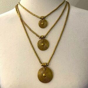 NWOT Metallic Gold Plated Tres Medallions Necklace with Gold Tube Beads